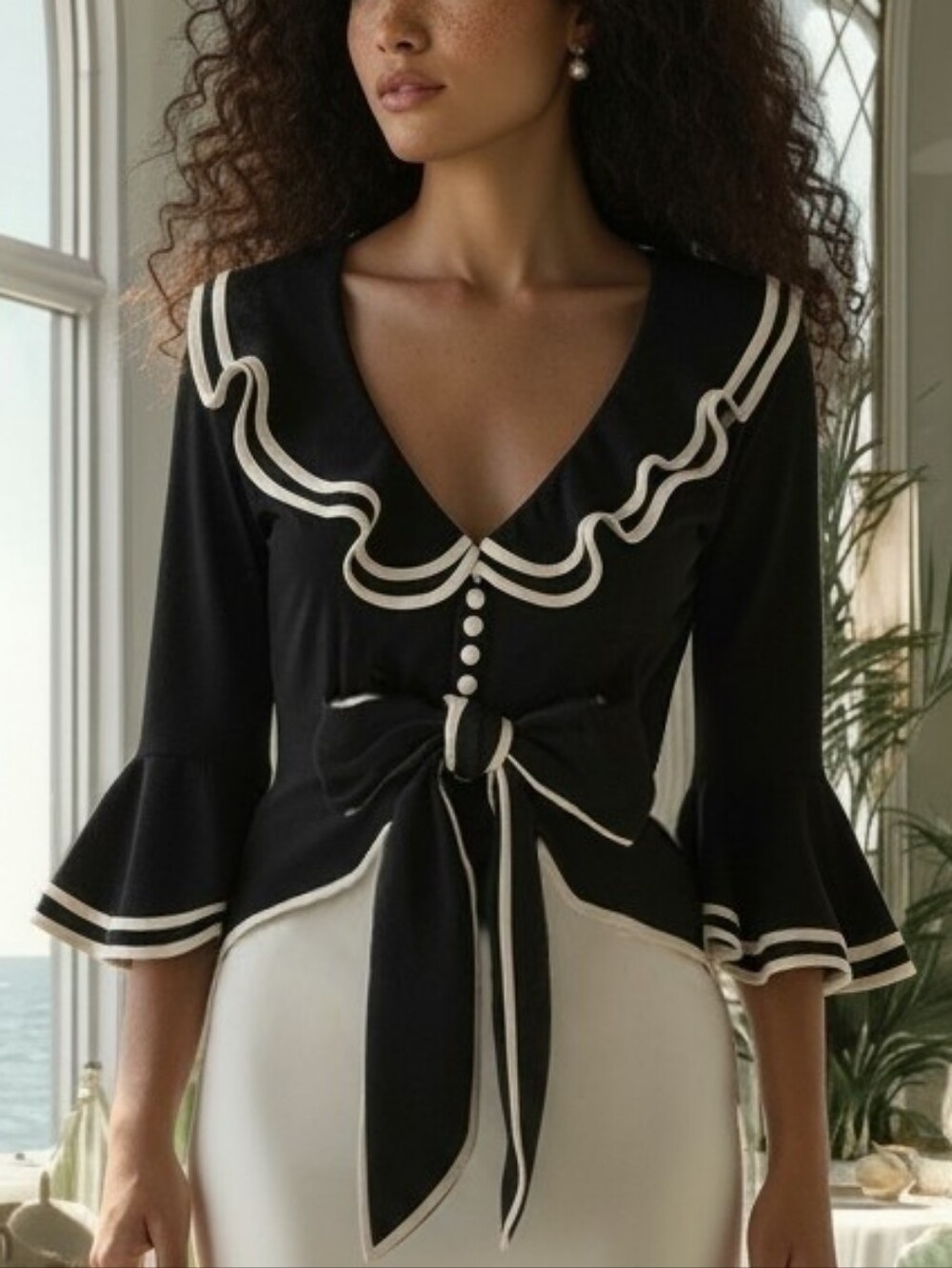 Vtg Y2K Joseph Ribkoff Black Cream Trim Tie Ruffle Blouse Made in Canada 🇨🇦